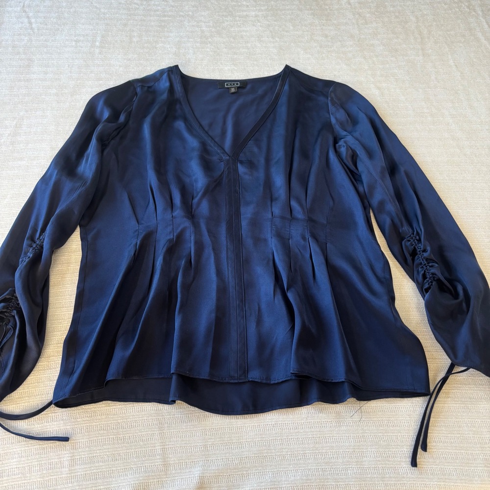 AYR Navy Blue 100% Silk V-Neck Ruched Tie Sleeve Blouse Top Medium